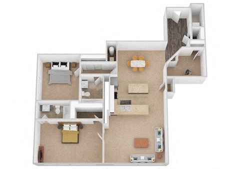 A 3D rendered image of a house layout.